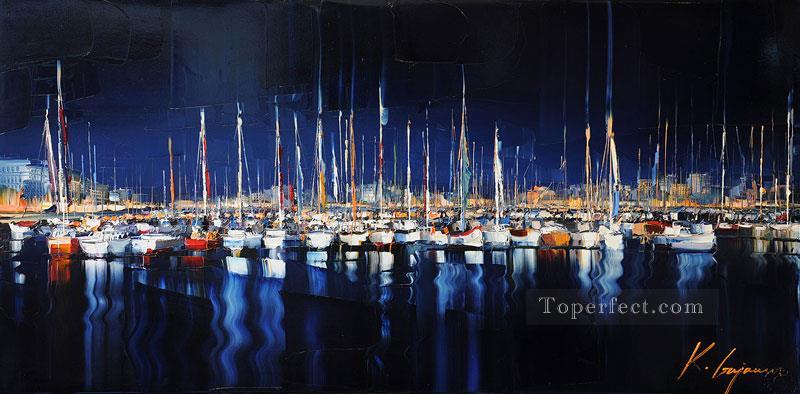 boats in wharf blue Kal Gajoum Oil Paintings